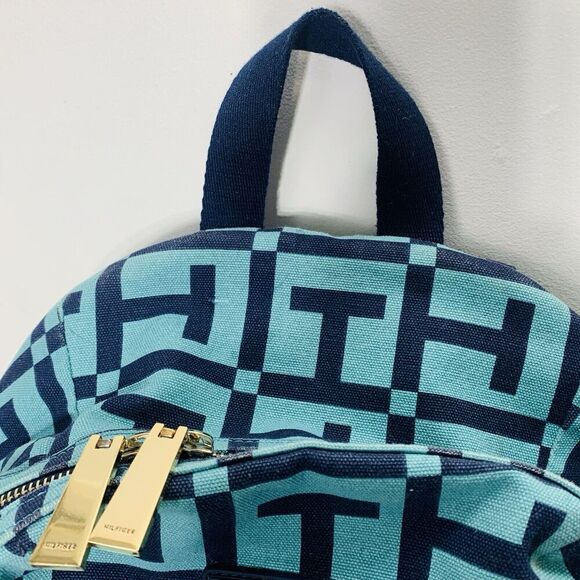 TOMMY HILFIGER Dome Backpack 17" Monogram Logo Navy Teal Canvas Preppy Bag VGUC - Picture 8 of 12